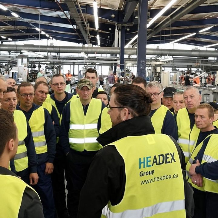 Dovydas Liaudanskas briefing workers on a Headex Group factory floor