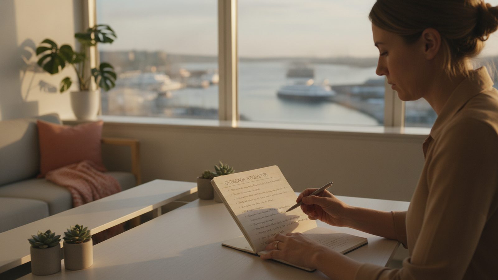 Sales rep reviews notes in harbourside office