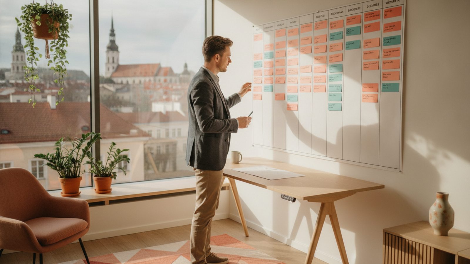 Pardavimų vadovas peržiūri B2B pardavimų lentą prie stalo
