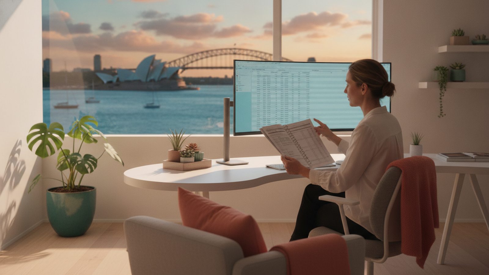 Analyst cross-references register printout near Sydney harbour