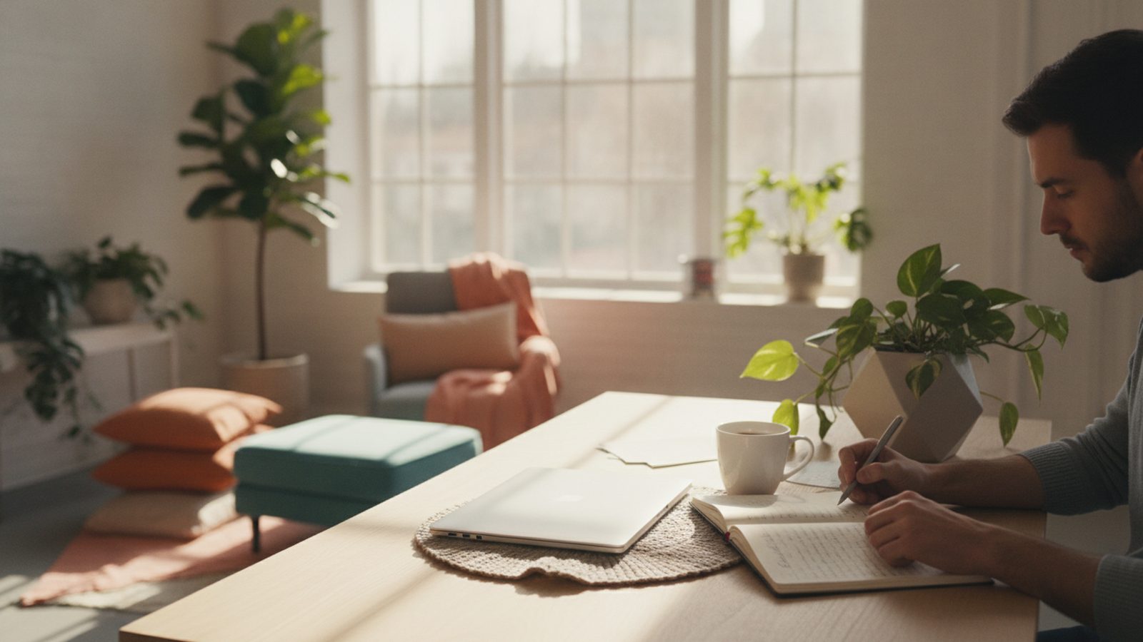 Copywriterka pisze notatki przy biurku obok laptopa