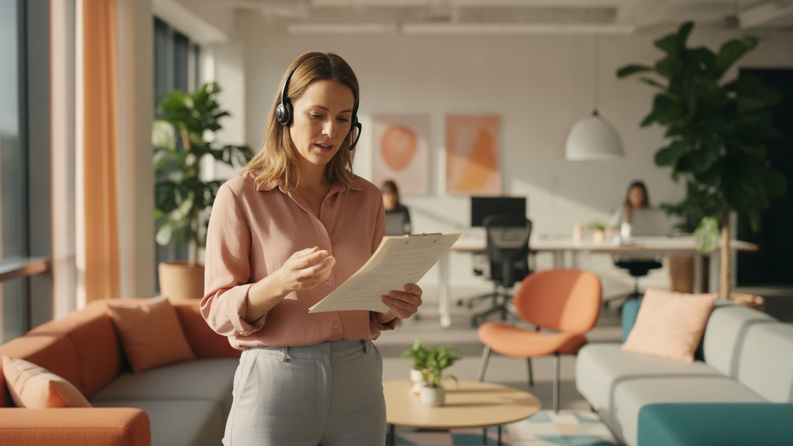Vertriebsmitarbeiter mit Headset telefoniert im hellen Büro