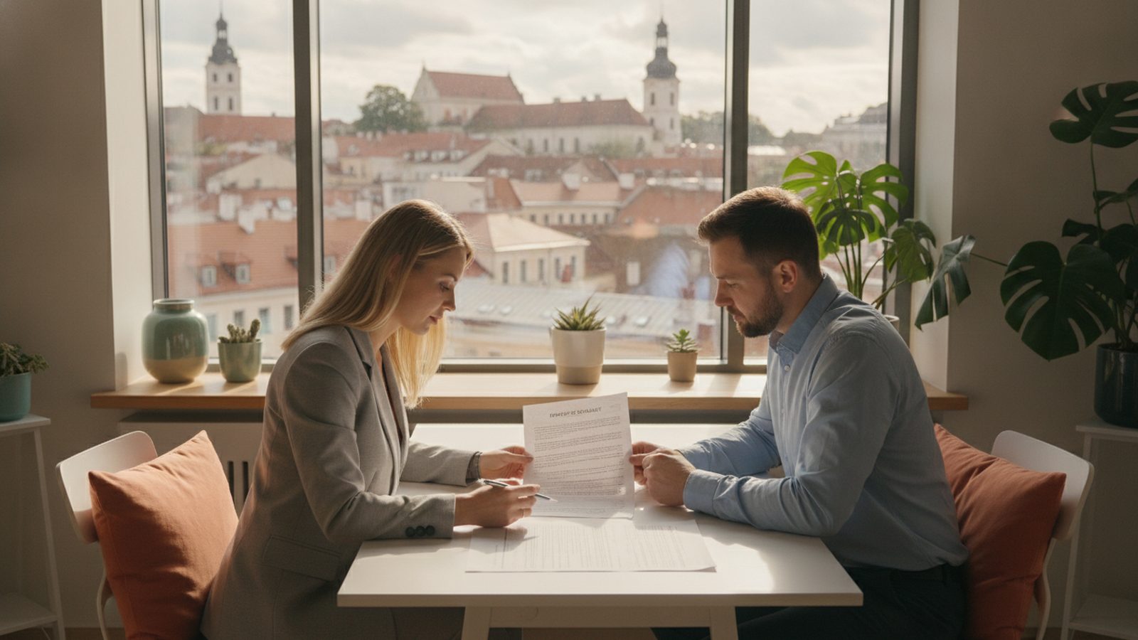 Export manager reviews checklist near Vilnius rooftops