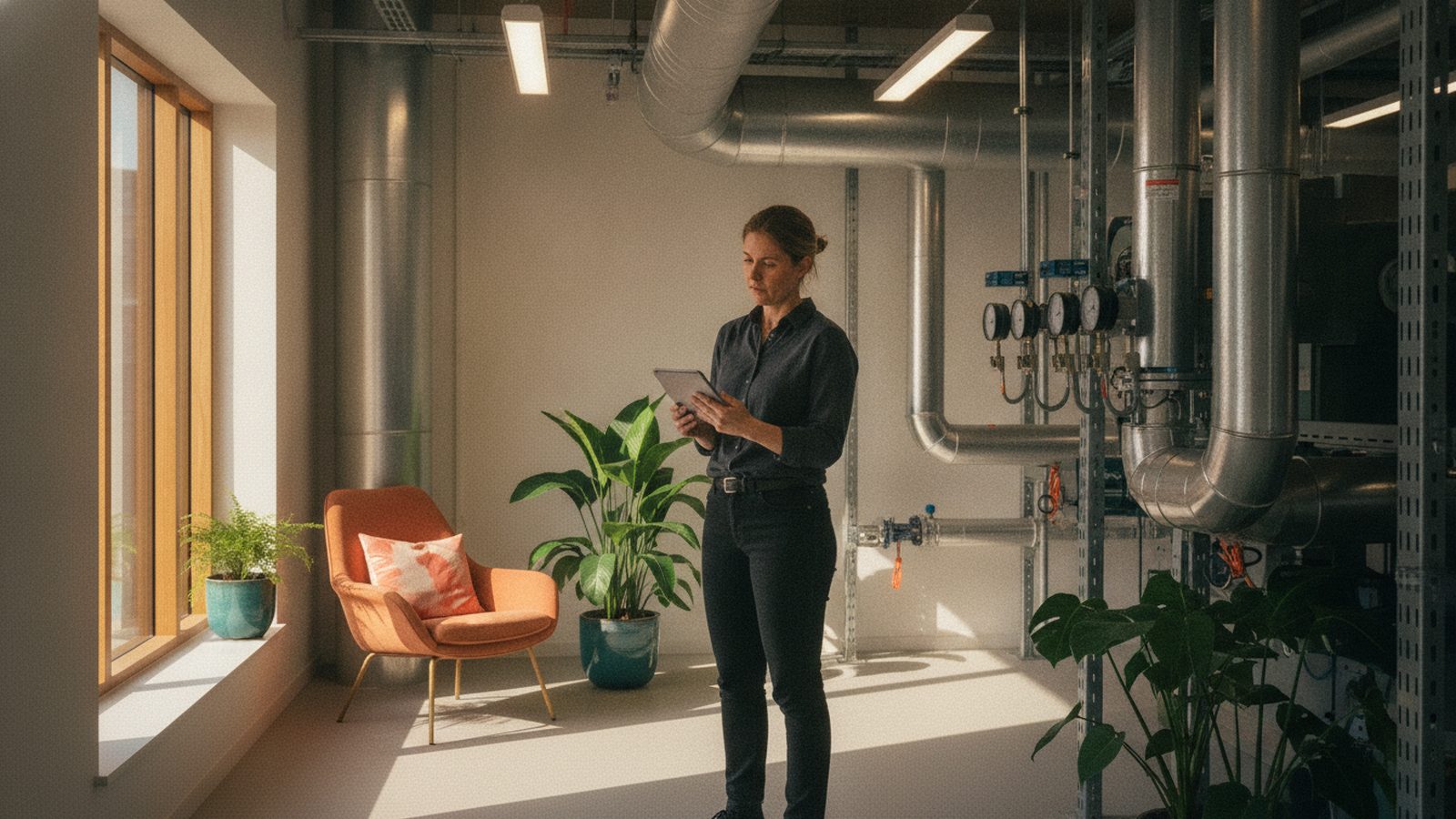 Facilities manager inspects mechanical room with tablet