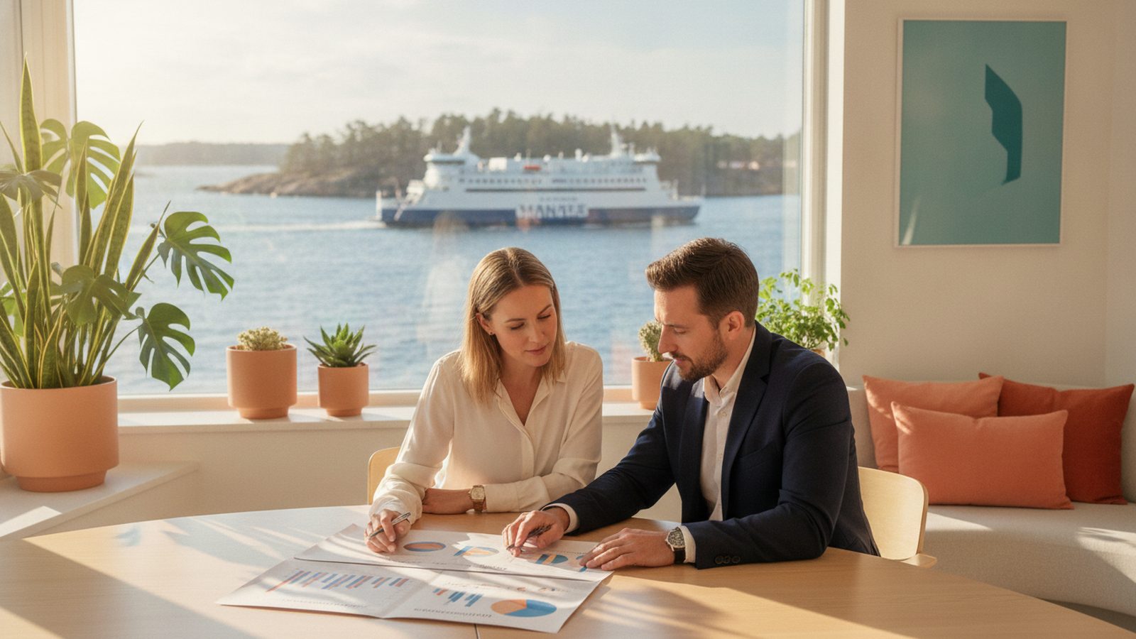 Colleagues review campaign report in Stockholm office