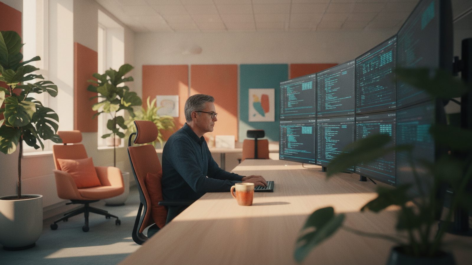 Sicherheitsanalystin überwacht mehrere Monitore im Kontrollraum