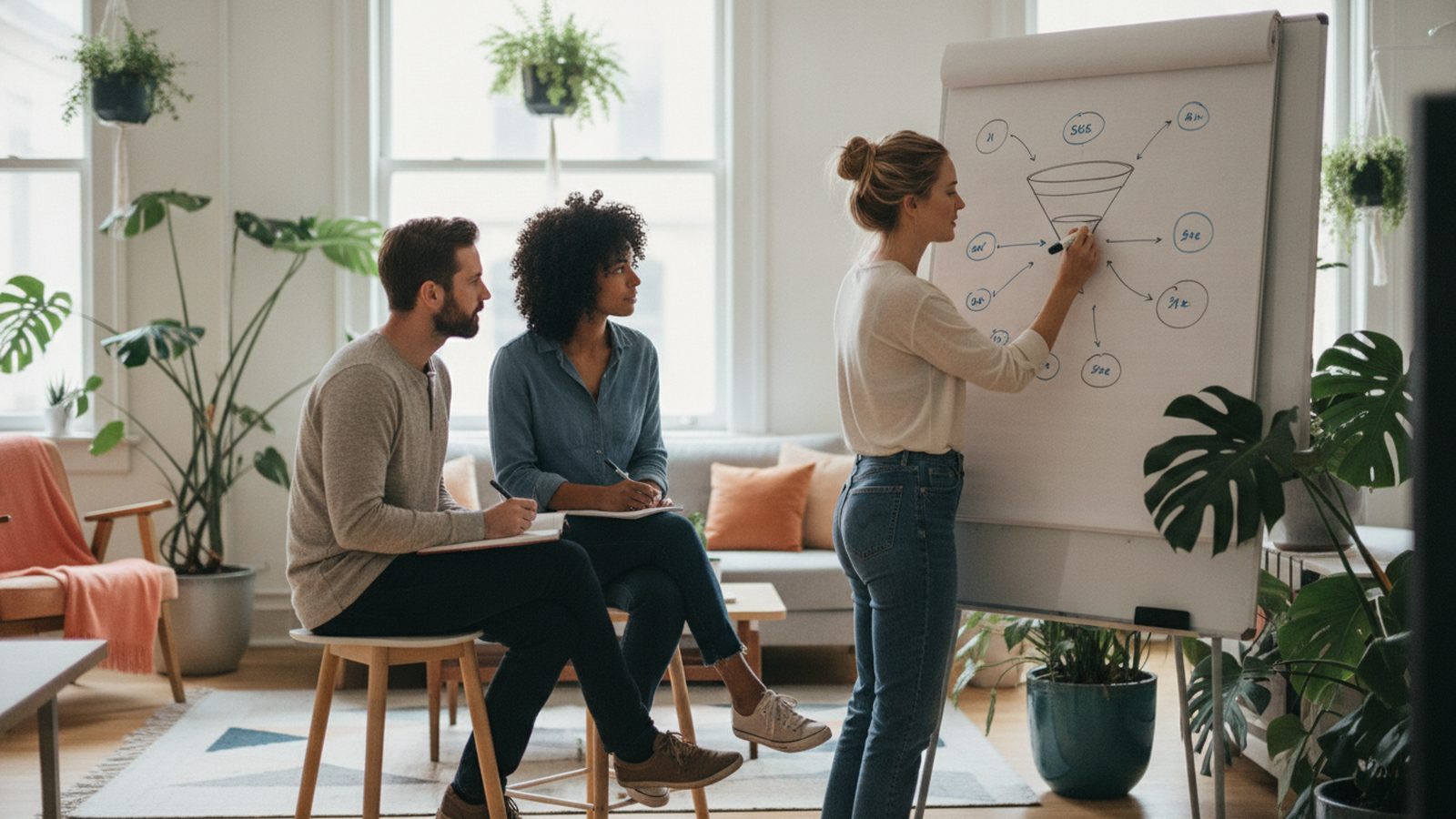 Vertriebsteam bespricht Kundengewinnung am Whiteboard