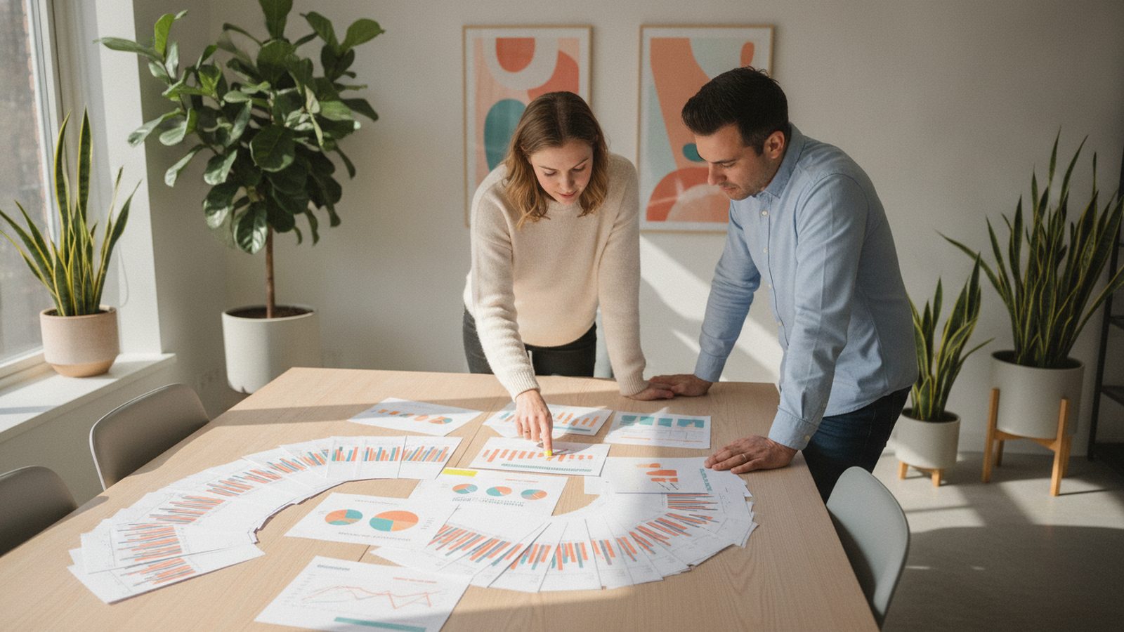 Colleagues compare printed proposals at conference table