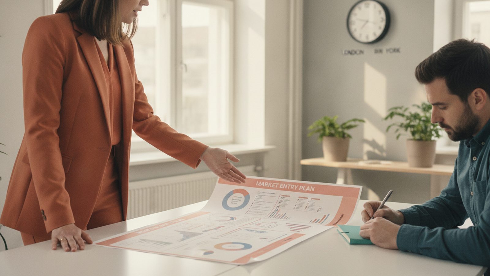 Director points to market entry plan on wall
