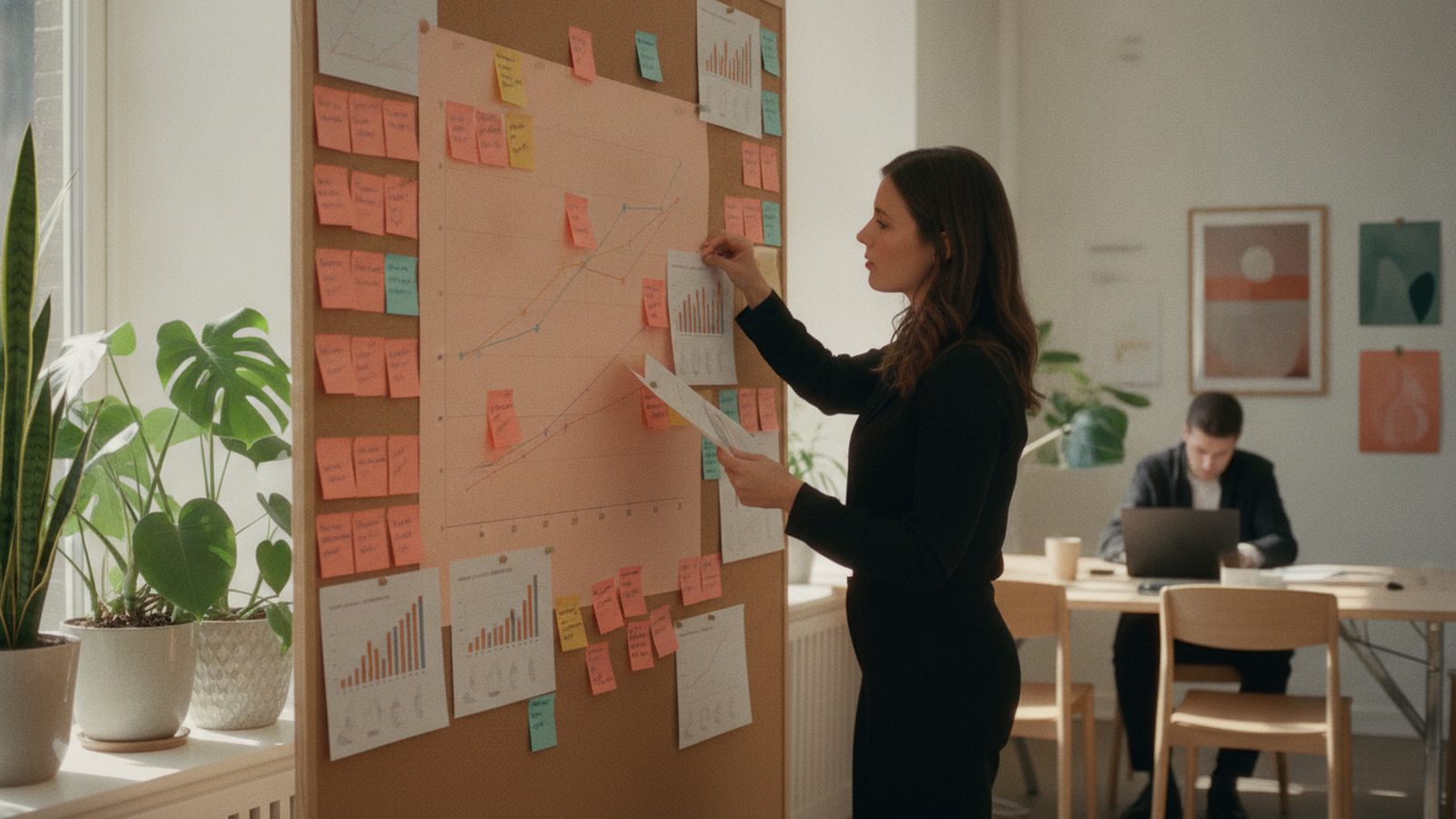 Analystin pinnt Firmenprofile an Board mit Notizzetteln