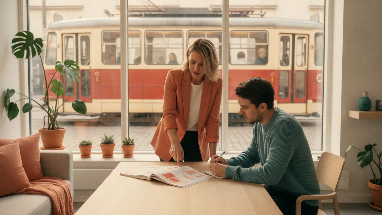 Vertriebsteam bespricht Bericht mit Blick auf Straßenbahn