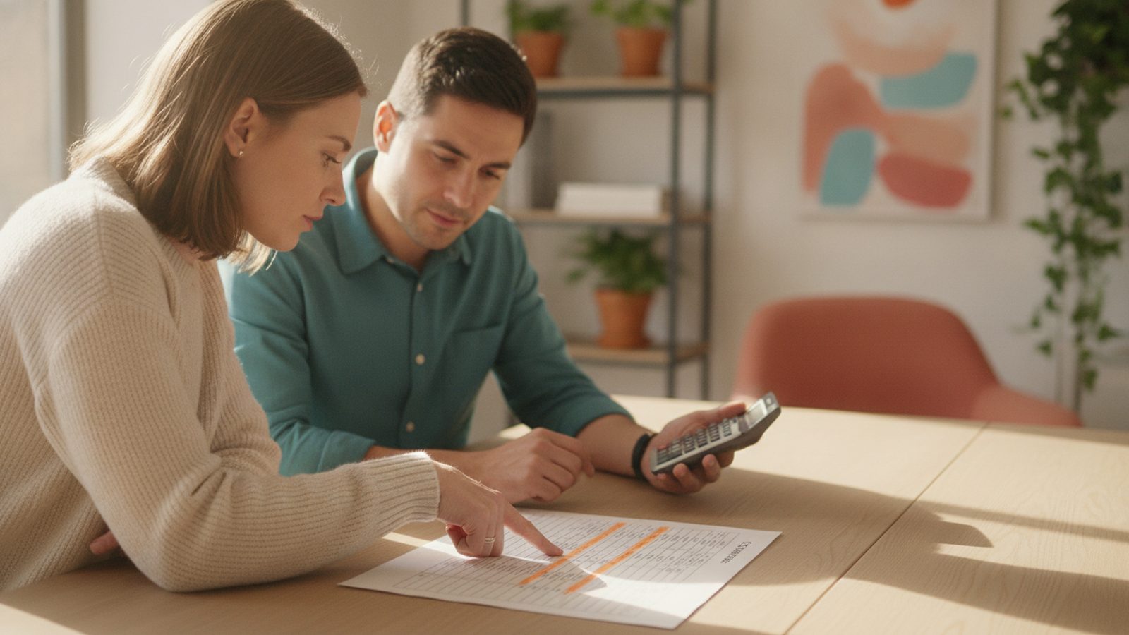 Colleagues review printed cost breakdown with calculator