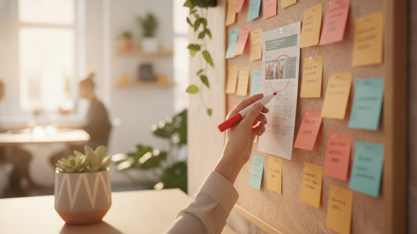 Recruiter circles job listings on sticky-note board