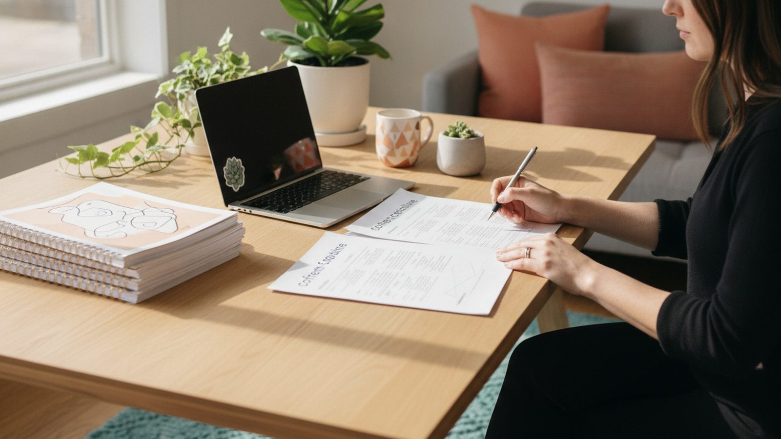 Strategist reviews printed outline beside closed laptop