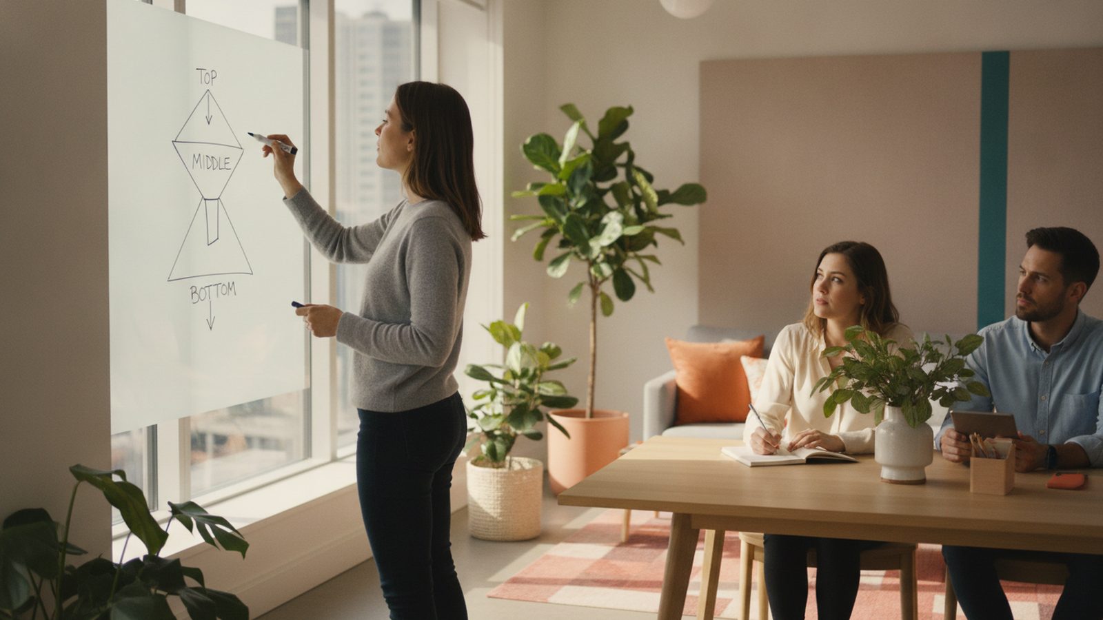 Outbound lead generation process: a manager sketches the sales funnel on a whiteboard