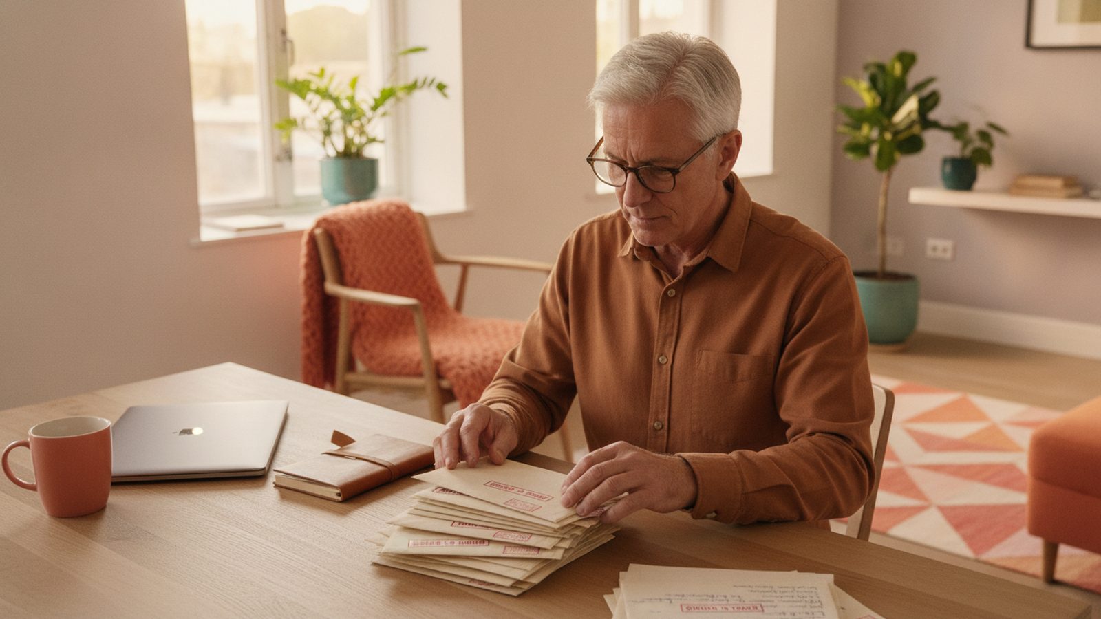 Man flips through envelopes beside closed laptop