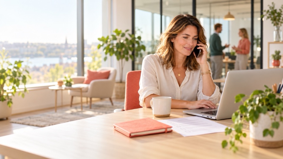 A recruiter on a call at a bright desk